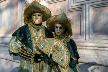 Nobility in gold and green at San Zaccaria, Venetian carnival masks and costumes
