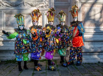 Colourful elves at San Zaccaria, Venetian carnival masks and costumes