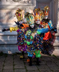 Colourful elves at San Zaccaria, Venetian carnival masks and costumes