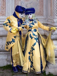 Venetian Carnival Masks and Costumes: Prince and Princess in the Colors of Ukraine at San Zaccaria Square