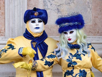 Venetian Carnival Masks and Costumes: Prince and Princess in the Colors of Ukraine at San Zaccaria Square