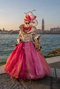 2023 Venice Carnival Mask and Costume: Elegance in Pink and Gold
