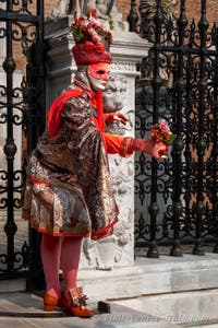 People in costume at the Venice Carnival in front of the Venetian Arsenal.