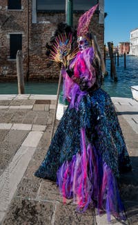 People in costume at the Venice carnival in front of the Madonna della Salute.