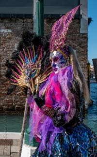 People in costume at the Venice carnival in front of the Madonna della Salute.