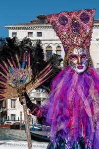 People in costume at the Venice carnival in front of the Madonna della Salute.