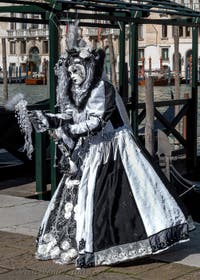 People in costume at the Venice carnival in front of the Madonna della Salute.