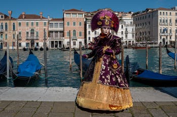 People in costume at the Venice carnival in front of the Madonna della Salute.