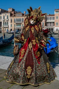 People in costume at the Venice carnival in front of the Madonna della Salute.