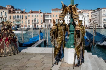 People in costume at the Venice carnival in front of the Madonna della Salute.