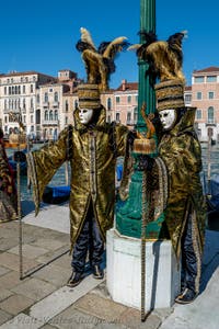 People in costume at the Venice carnival in front of the Madonna della Salute.