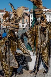 People in costume at the Venice carnival in front of the Madonna della Salute.