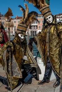 People in costume at the Venice carnival in front of the Madonna della Salute.