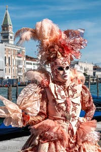 People in costume at the Venice carnival in front of the Madonna della Salute.