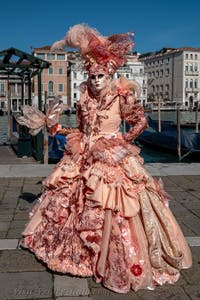 People in costume at the Venice carnival in front of the Madonna della Salute.