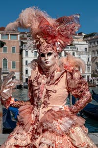 People in costume at the Venice carnival in front of the Madonna della Salute.