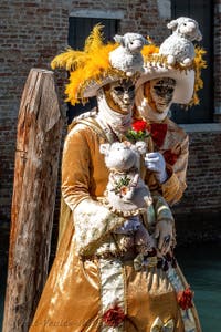 People in costume at the Venice carnival in front of the Madonna della Salute.