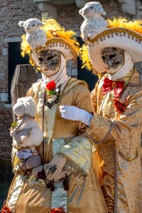 People in costume at the Venice carnival in front of the Madonna della Salute.