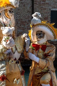 People in costume at the Venice carnival in front of the Madonna della Salute.