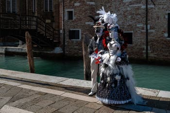 People in costume at the Venice carnival in front of the Madonna della Salute.