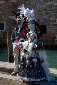 People in costume at the Venice carnival in front of the Madonna della Salute.