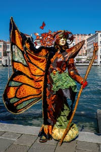 People in costume at the Venice carnival in front of the Madonna della Salute.