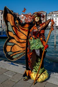 People in costume at the Venice carnival in front of the Madonna della Salute.