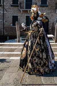 People in costume at the Venice carnival in front of the Madonna della Salute.