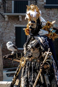 People in costume at the Venice carnival in front of the Madonna della Salute.