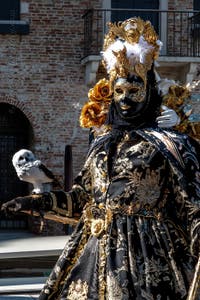 People in costume at the Venice carnival in front of the Madonna della Salute.