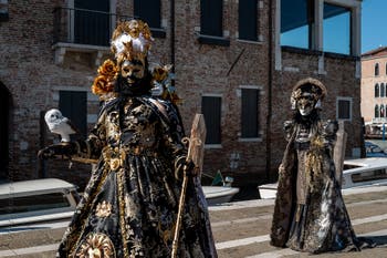 People in costume at the Venice carnival in front of the Madonna della Salute.