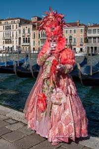 People in costume at the Venice carnival in front of the Madonna della Salute.