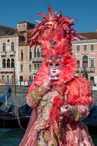 People in costume at the Venice carnival in front of the Madonna della Salute.