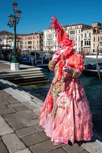 People in costume at the Venice carnival in front of the Madonna della Salute.