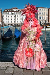 People in costume at the Venice carnival in front of the Madonna della Salute.