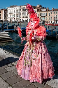 People in costume at the Venice carnival in front of the Madonna della Salute.