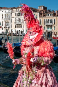 People in costume at the Venice carnival in front of the Madonna della Salute.