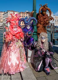 People in costume at the Venice carnival in front of the Madonna della Salute.