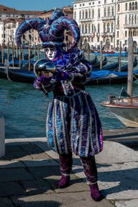 People in costume at the Venice carnival in front of the Madonna della Salute.