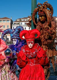 People in costume at the Venice carnival in front of the Madonna della Salute.