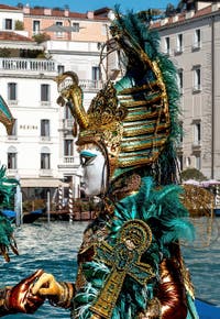 People in costume at the Venice carnival in front of the Madonna della Salute.