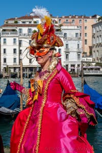 People in costume at the Venice carnival in front of the Madonna della Salute.