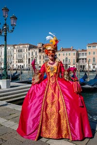 People in costume at the Venice carnival in front of the Madonna della Salute.