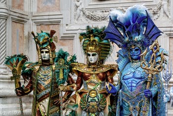 The parade of people in costume at the 2026 Venice Carnival in front of the Church of San Zaccaria.