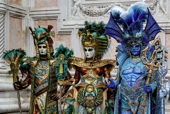 The parade of people in costume at the 2026 Venice Carnival in front of the Church of San Zaccaria.