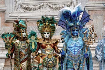 The parade of people in costume at the 2026 Venice Carnival in front of the Church of San Zaccaria.