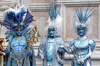 The parade of people in costume at the 2026 Venice Carnival in front of the Church of San Zaccaria.