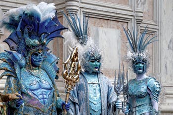 The parade of people in costume at the 2026 Venice Carnival in front of the Church of San Zaccaria.