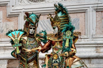 The parade of people in costume at the 2026 Venice Carnival in front of the Church of San Zaccaria.