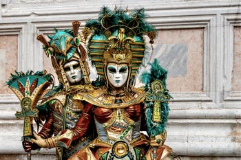 The parade of people in costume at the 2026 Venice Carnival in front of the Church of San Zaccaria.